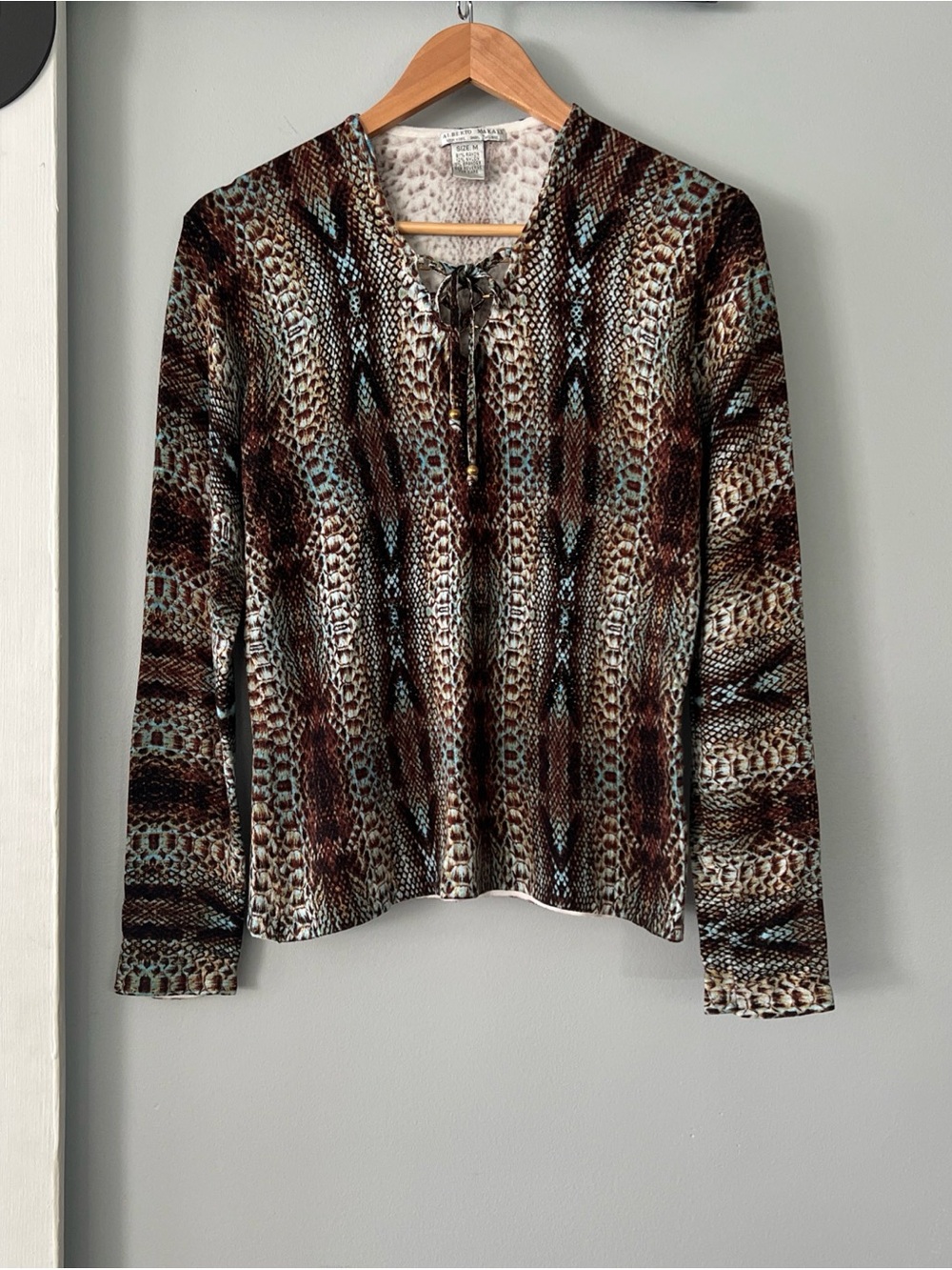Y2K Alberto Makali Brown and Cream Snakeskin Rhinestone Lace-Up Long Sleeve Top